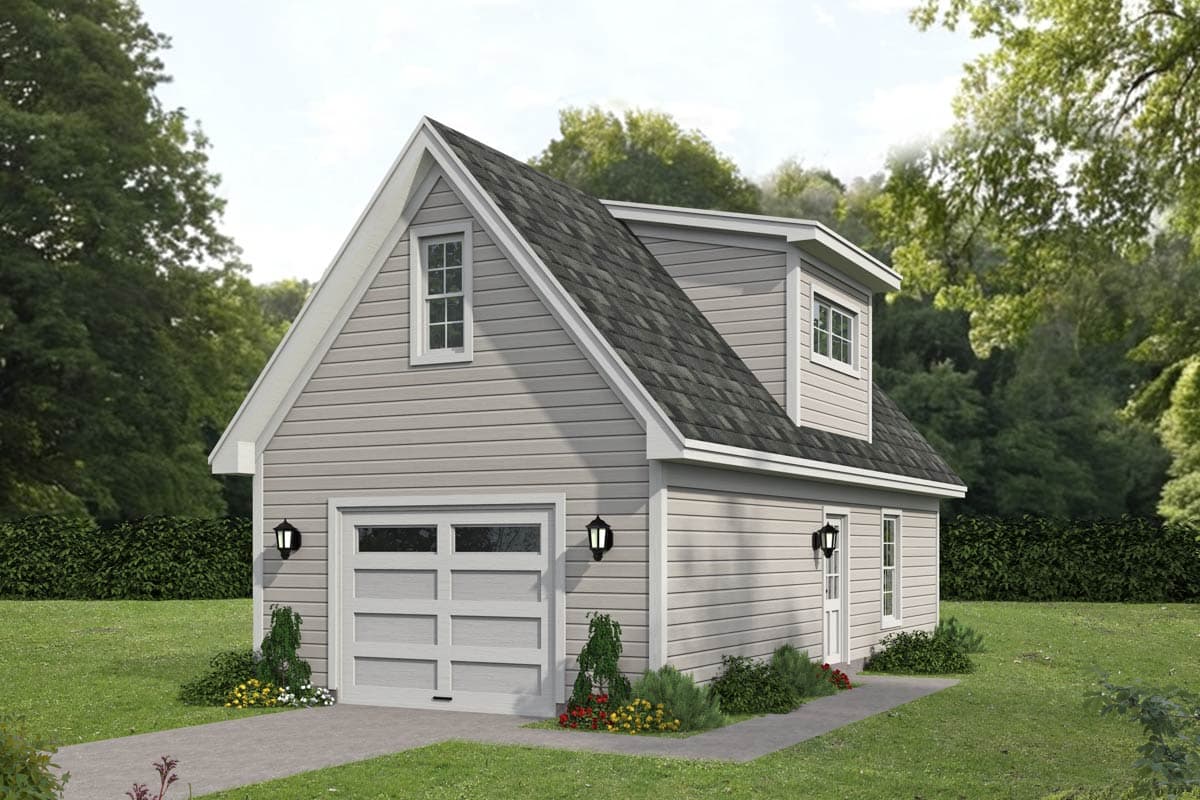 House plan exterior. Two-story structure with gable roof and dormer. Features include a garage door and lap siding.
