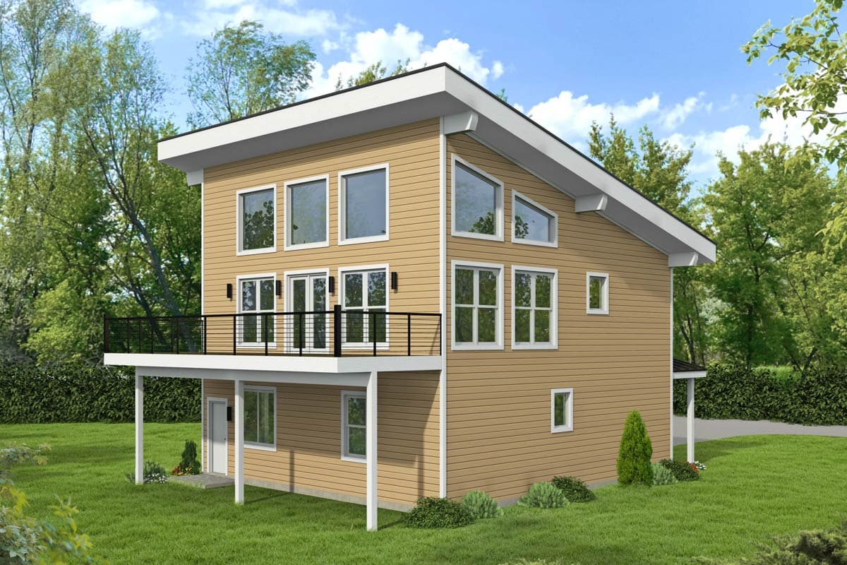 House plan exterior. Two-story modern home with a shed roof, a covered porch with a black railing, and numerous windows.
