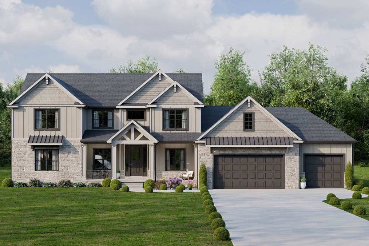 House plan exterior with Craftsman details, two stories, front porch, multiple gables, and attached garage.