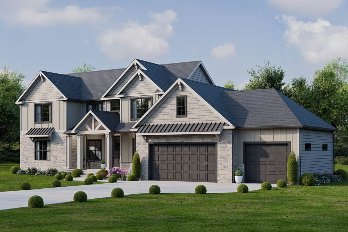 House plan exterior: Two-story Modern Farmhouse with stone and vertical siding, gabled dormers, and a side-entry garage.