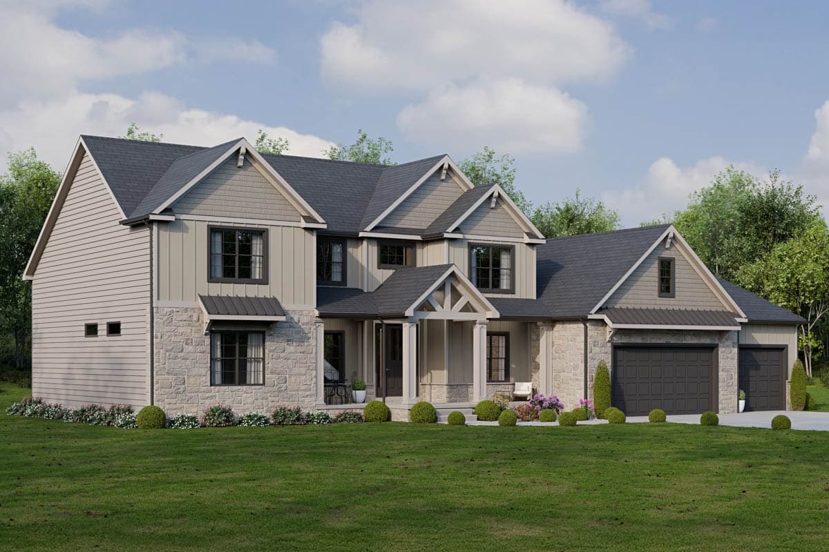 Modern Farmhouse house plan exterior with stone and board-and-batten siding, gables, dormer, and a three-car garage.