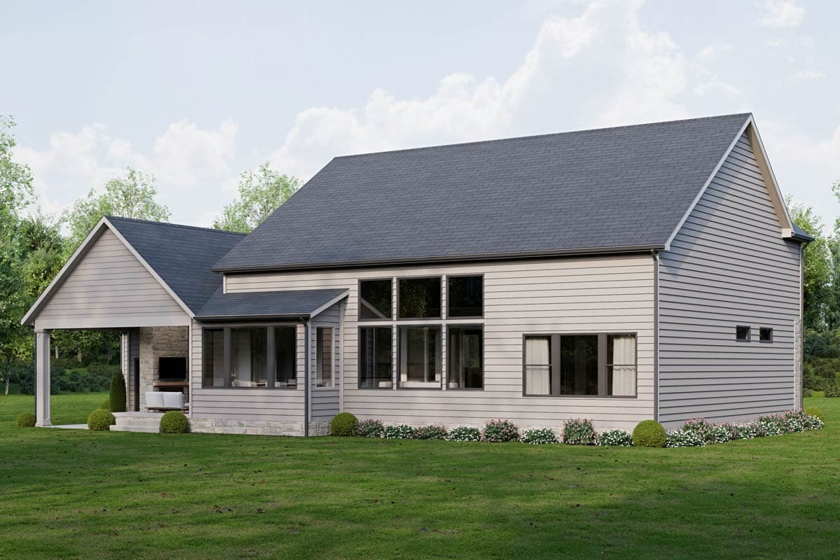 House plan exterior. Modern farmhouse style, two stories, with covered porch, large picture windows, and lap siding.