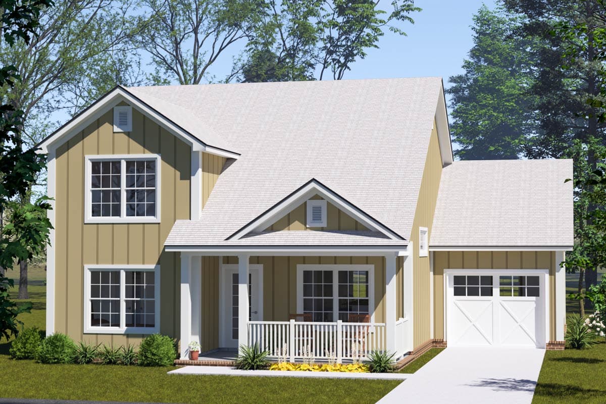 House plan exterior. Two-story Craftsman home with gabled roof, front porch, and garage with white carriage-style door.