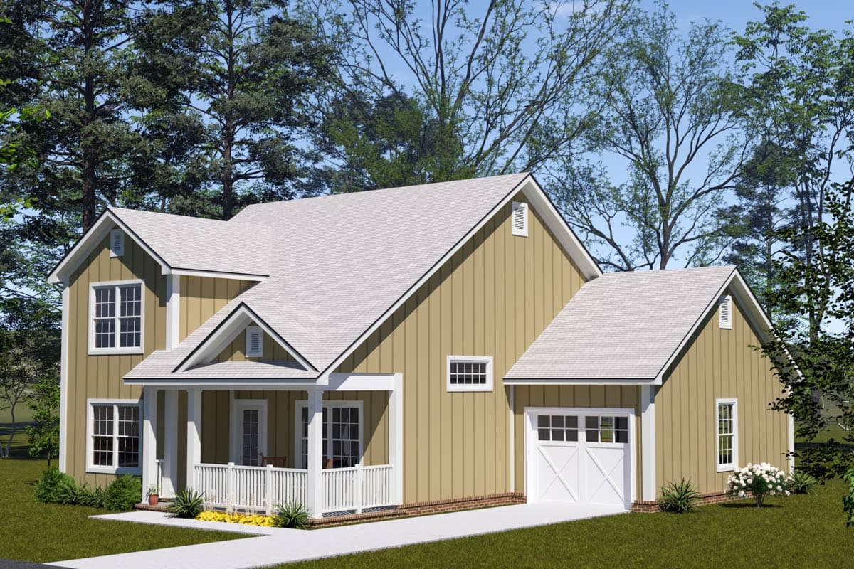House plan exterior of a two-story home with a gabled roof, front porch, and attached one-car garage.