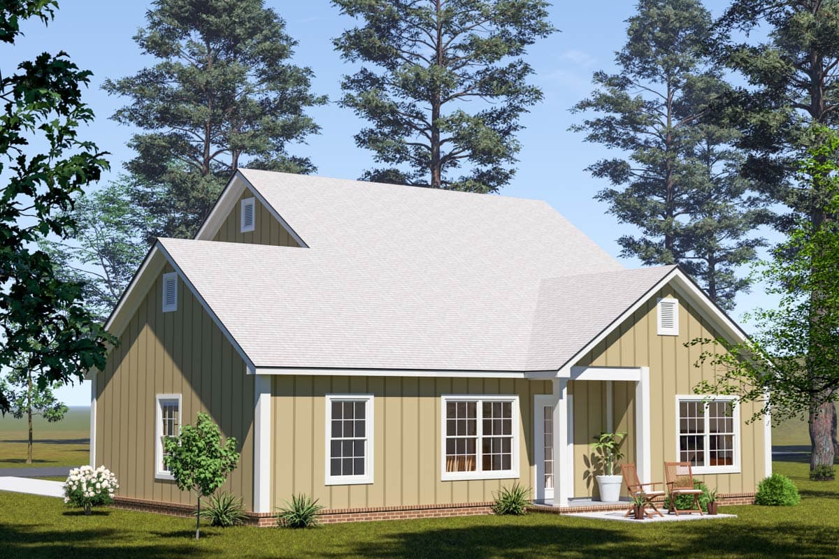 House plan exterior: one-story Modern Farmhouse with gabled roof, board and batten siding, and covered front entry.
