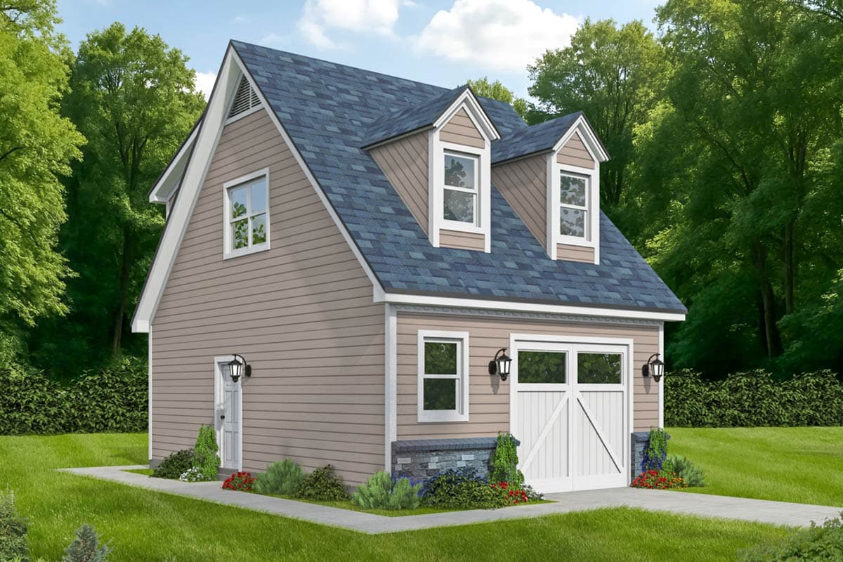 A two-story detached garage with a blue shingled roof, dormer windows, and a white garage door, surrounded by lush greenery.
