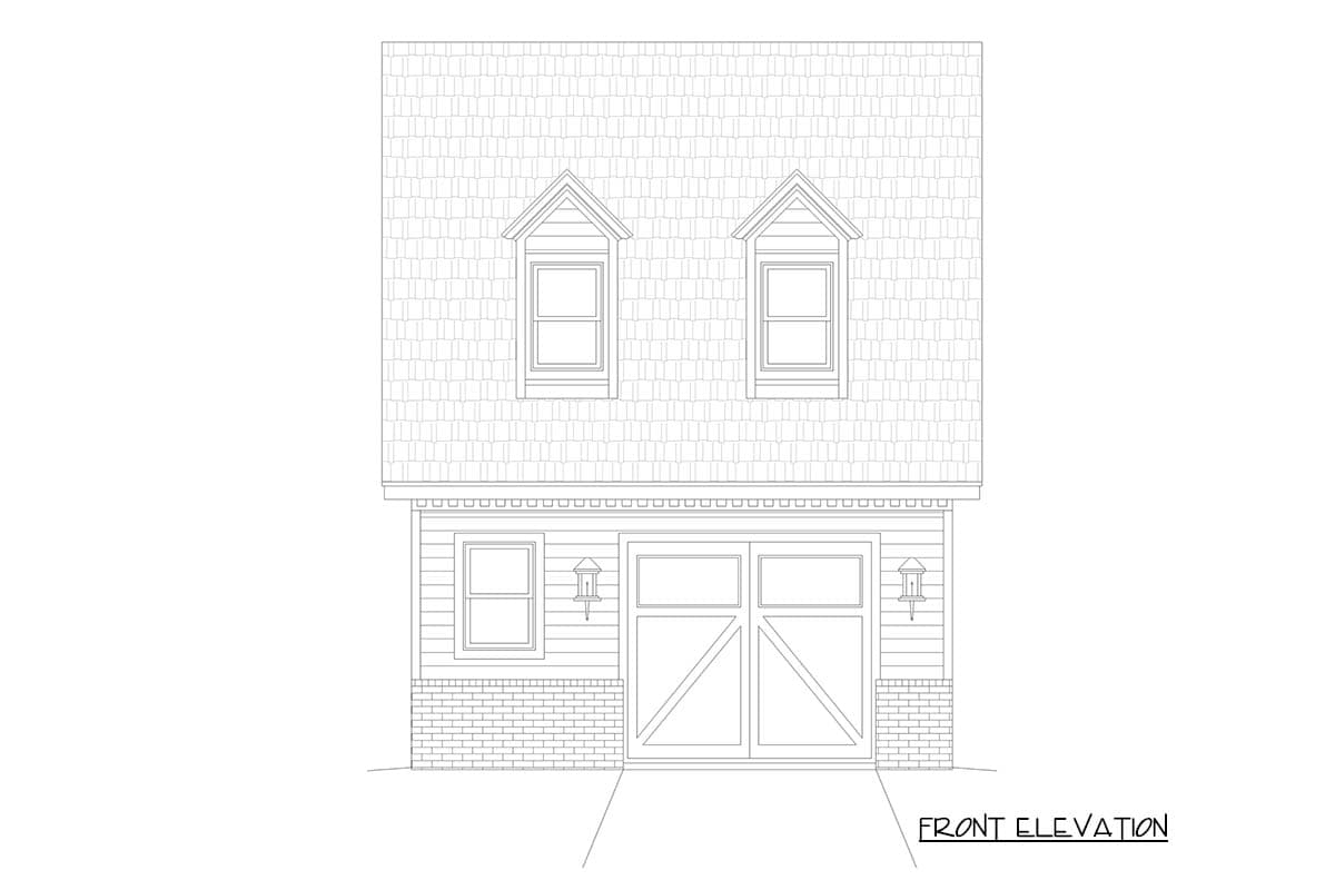 Front elevation house plan with two dormer windows, a two-car garage, and brick and horizontal siding.
