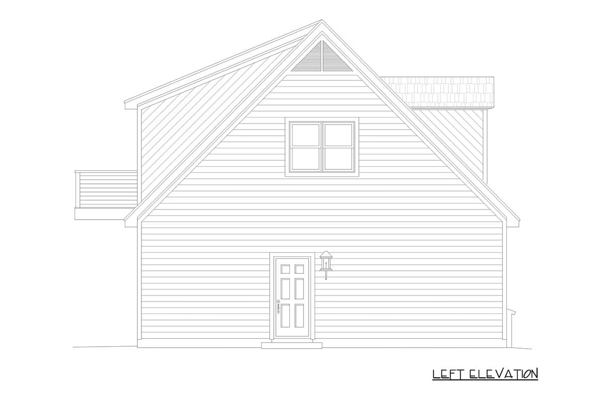 Left elevation of a house plan showing horizontal siding, a central door, a dormer window, and a gabled roof.