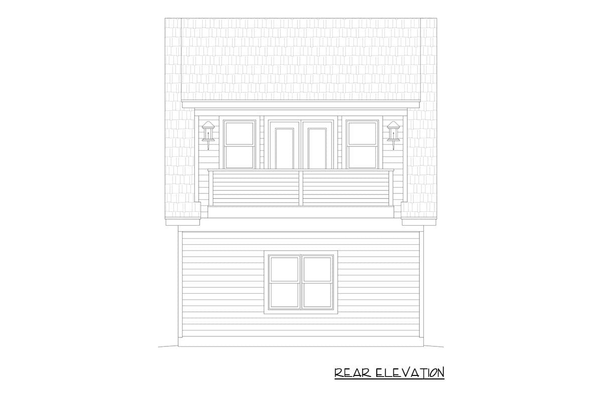 Rear elevation of a house plan featuring a second-story balcony with double doors and two windows, and a lower-level window.