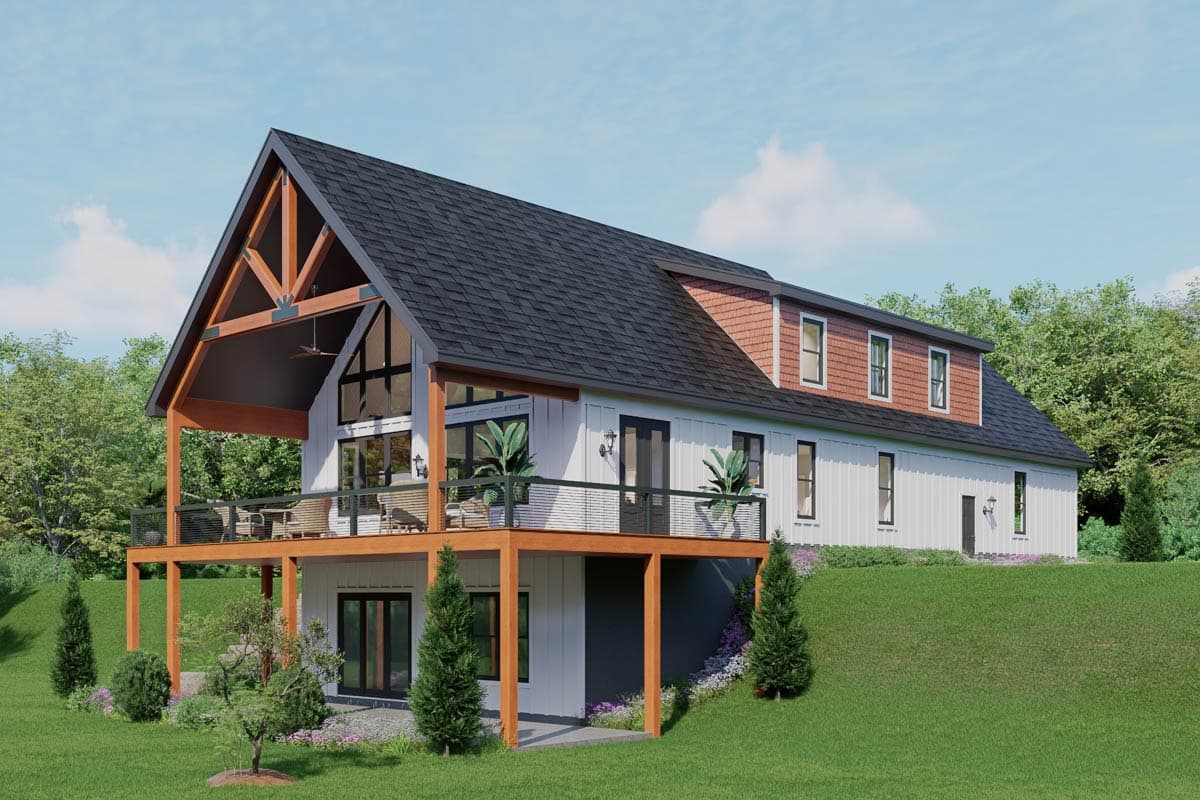 House plan exterior: two-story modern farmhouse with large gable, exposed beams, deck, and dormers.
