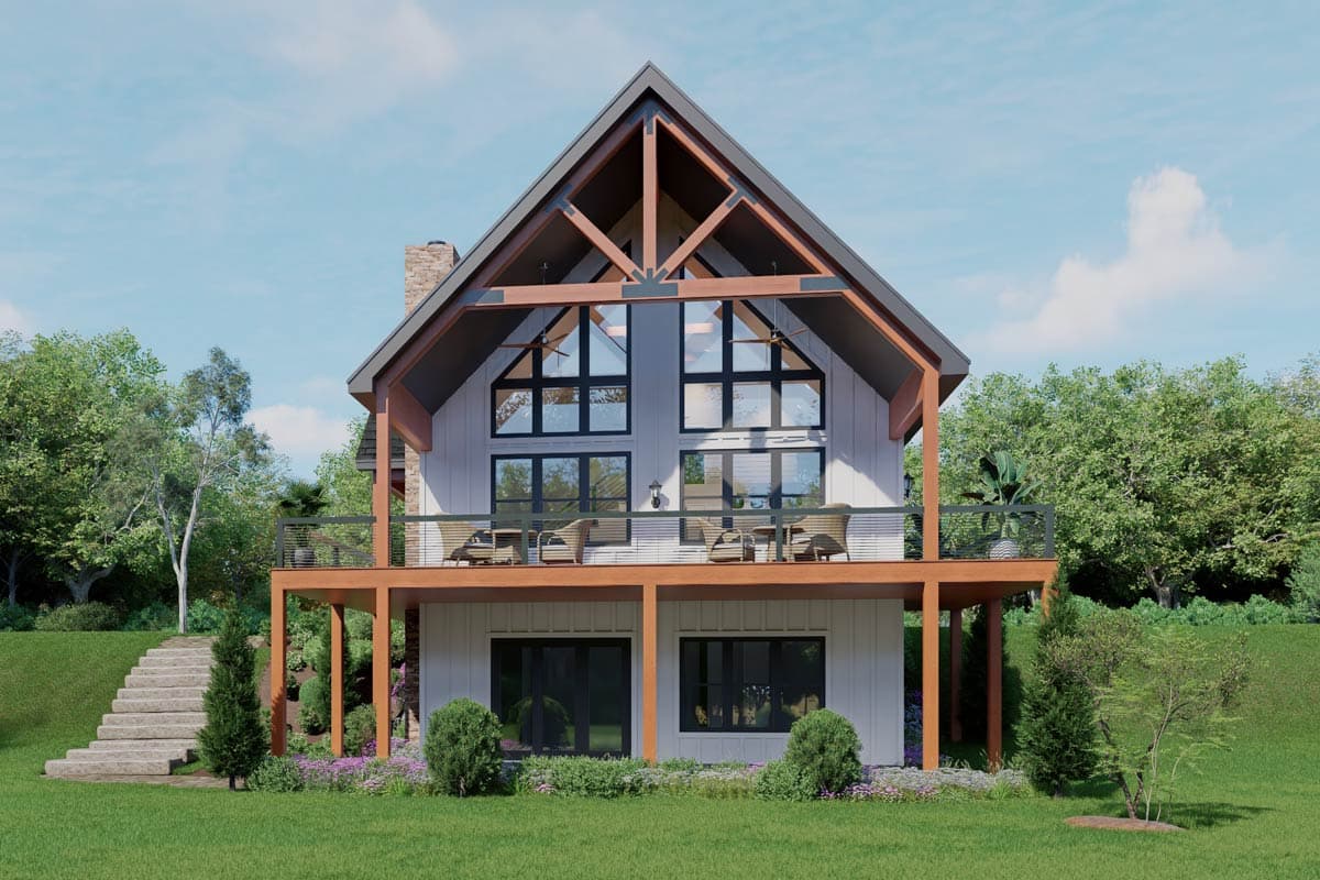 Modern house plan exterior with two stories, a prominent A-frame roof, large windows, and a wraparound deck.