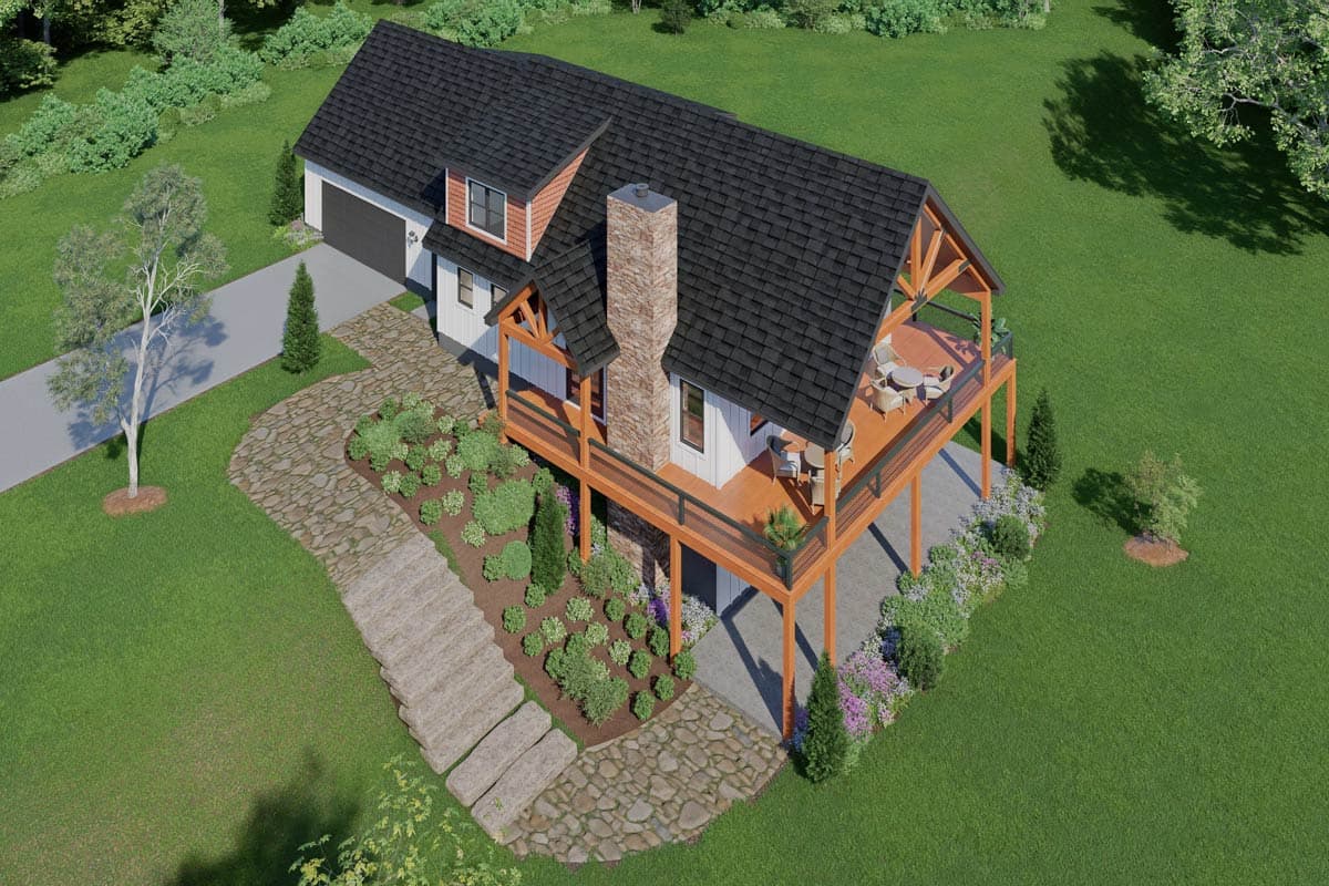 House plan exterior: Modern Farmhouse style, two stories, gable roof, prominent stone chimney, and a covered deck with exposed beams.