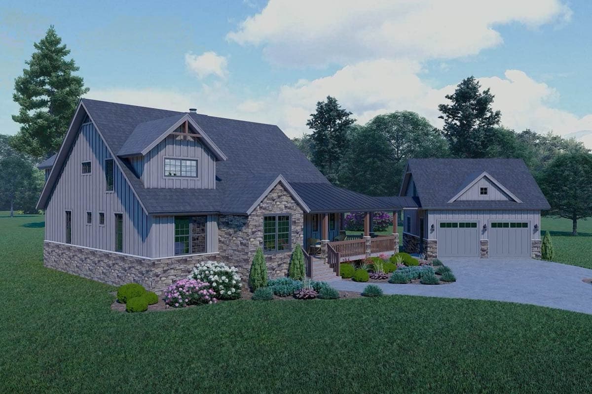 Modern Farmhouse house plan exterior with stone and vertical siding, covered porch, dormer, and attached two-car garage.