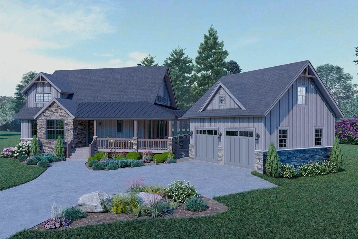 Modern Farmhouse house plan exterior featuring stone accents, a covered front porch, board and batten siding, and a detached two-car garage.