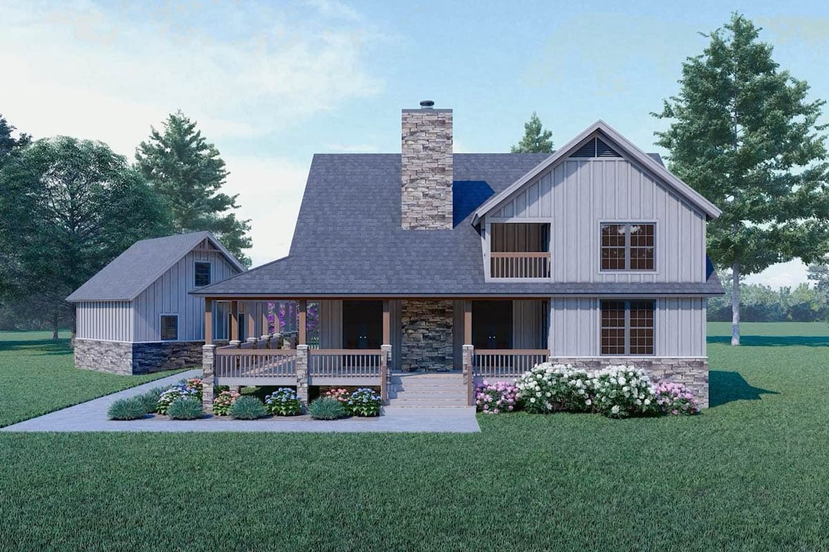 Modern Farmhouse house plan exterior, two stories, wrap-around porch, stone chimney, and attached garage.