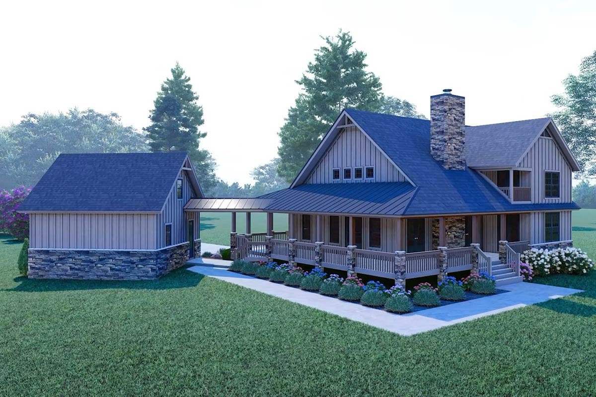 House plan exterior: Modern Farmhouse style, two stories, with a wrap-around porch, stone chimney, and attached garage.