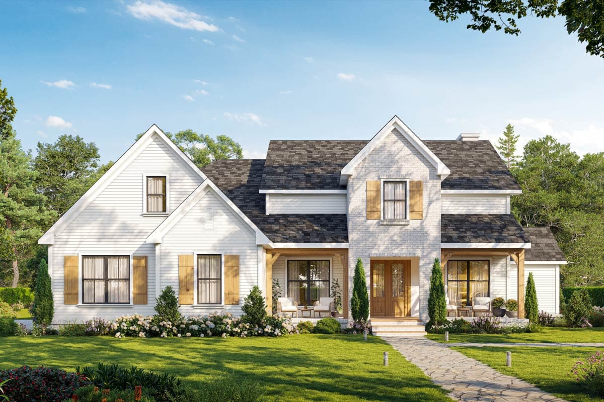 Modern farmhouse house plan exterior with gables, dormers, a prominent gable roof, and a covered front porch with wooden beams.