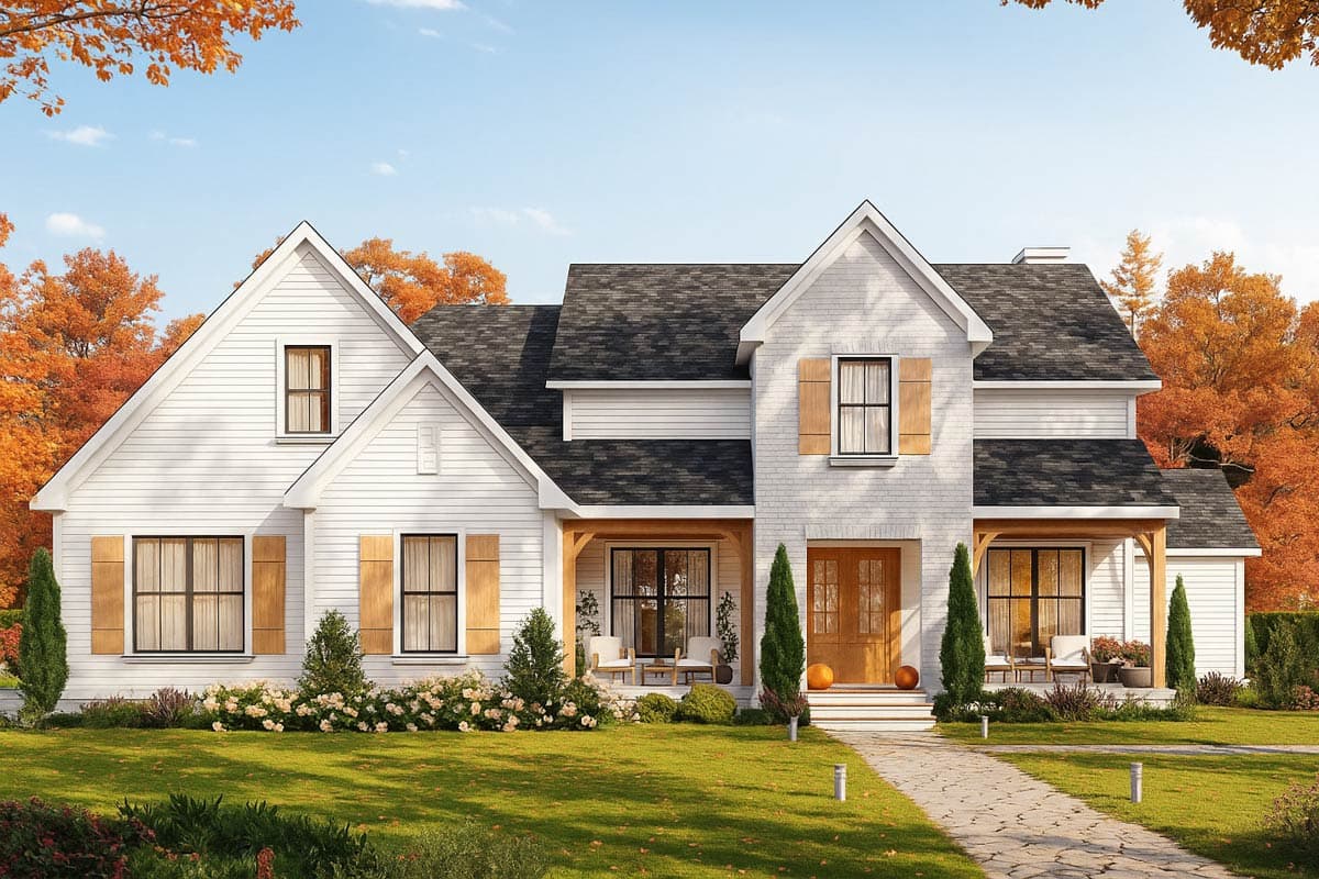 House plan exterior view of a two-story farmhouse-style home. Features include multiple gables, a covered porch, and wood shutters.