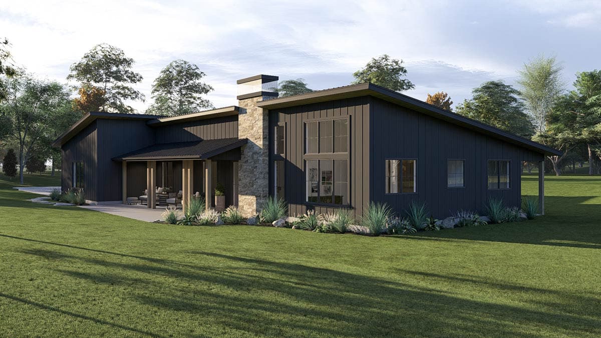 Modern house plan exterior with dark vertical siding, large windows, stone chimney, and covered porch.