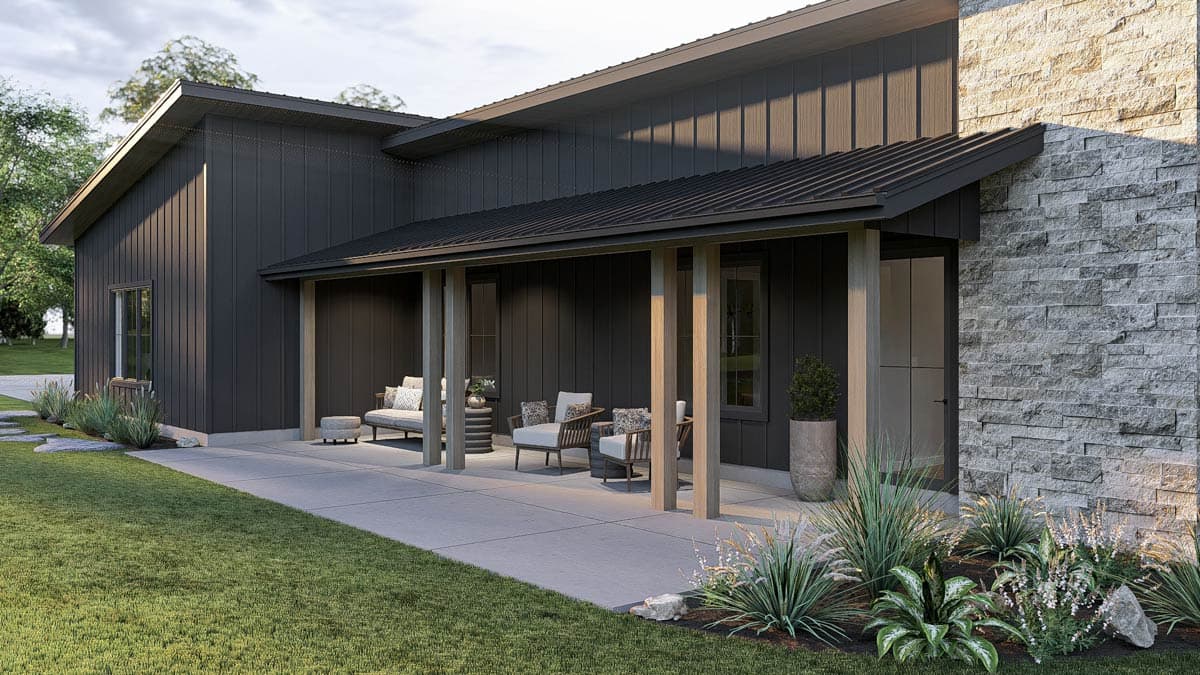 Modern house plan exterior with dark vertical siding, stone accent wall, and covered porch with wooden posts.