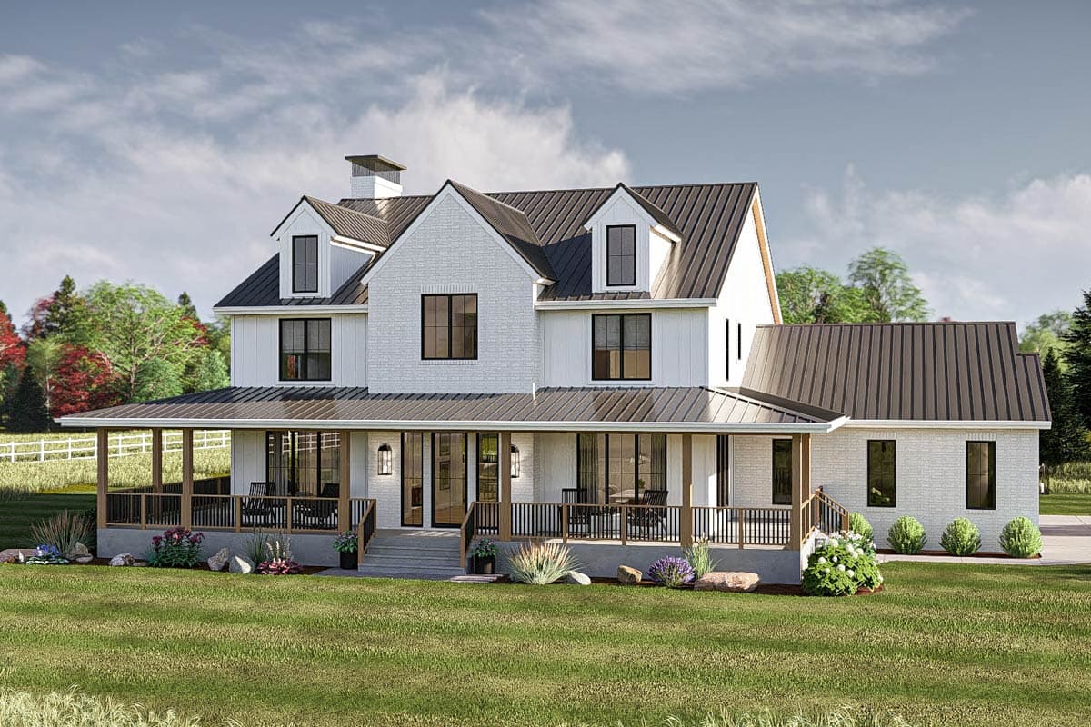 House plan exterior. Two-story Modern Farmhouse with a full-length front porch, dormers, and a standing seam metal roof.