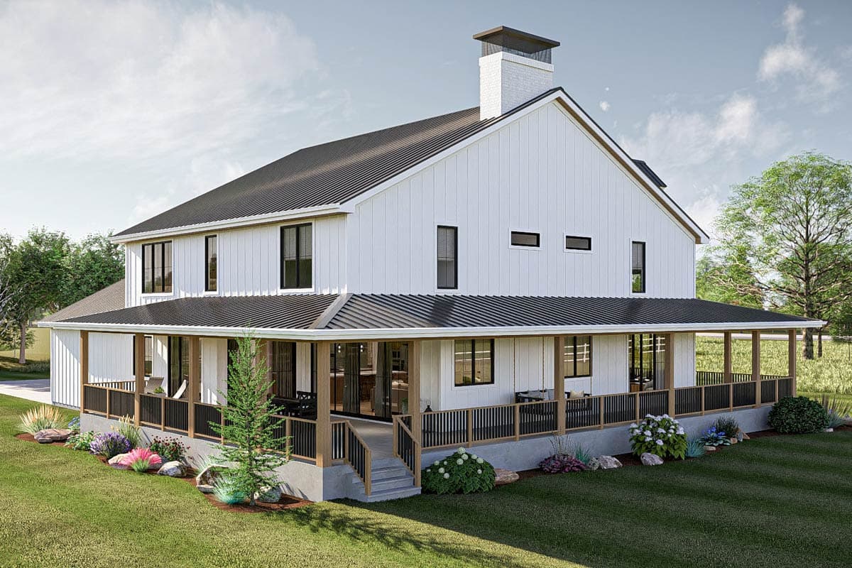 House plan exterior: two-story Modern Farmhouse with wrap-around porch, board and batten siding, and metal roof.