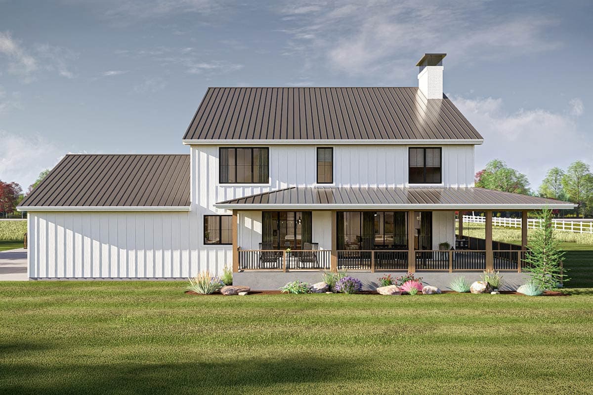 Modern farmhouse house plan exterior with board and batten siding, metal roof, and covered porch.