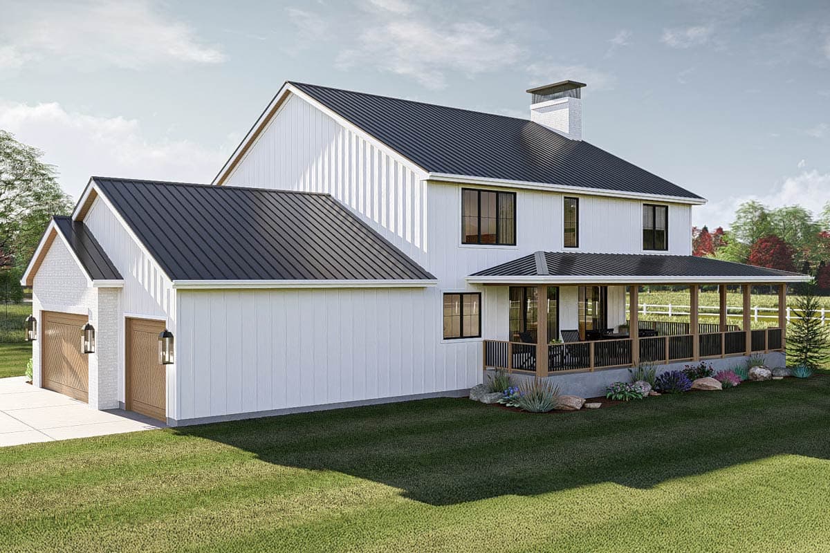 House plan exterior: Modern farmhouse style, two stories, white vertical siding, metal roof, covered porch, and attached three-car garage.