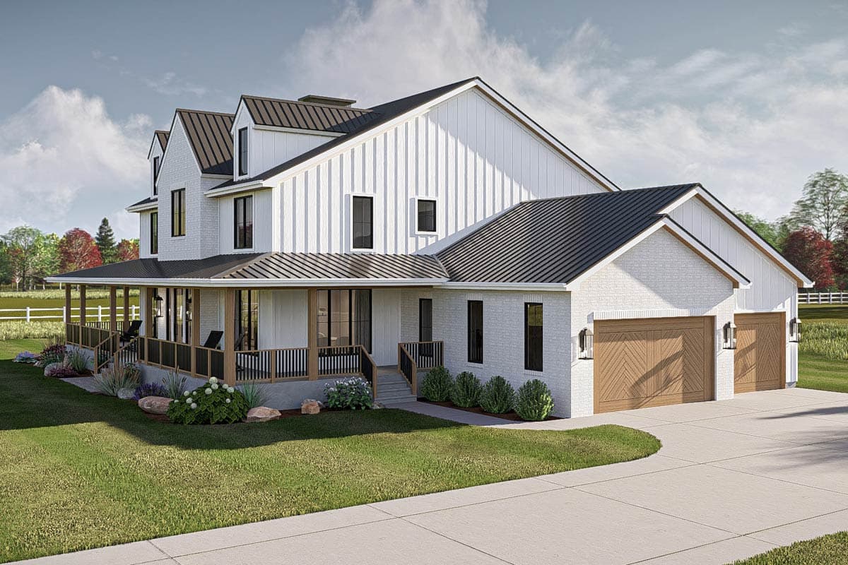 Modern Farmhouse house plan exterior with metal roof, wraparound porch, white brick, and a three-car garage.