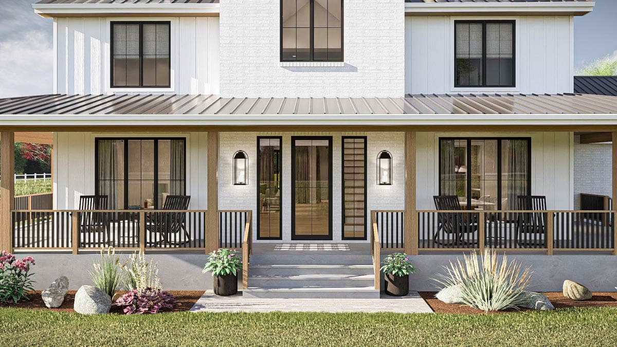 Modern Farmhouse house plan exterior with wraparound porch, board-and-batten siding, white brick, and metal roof.