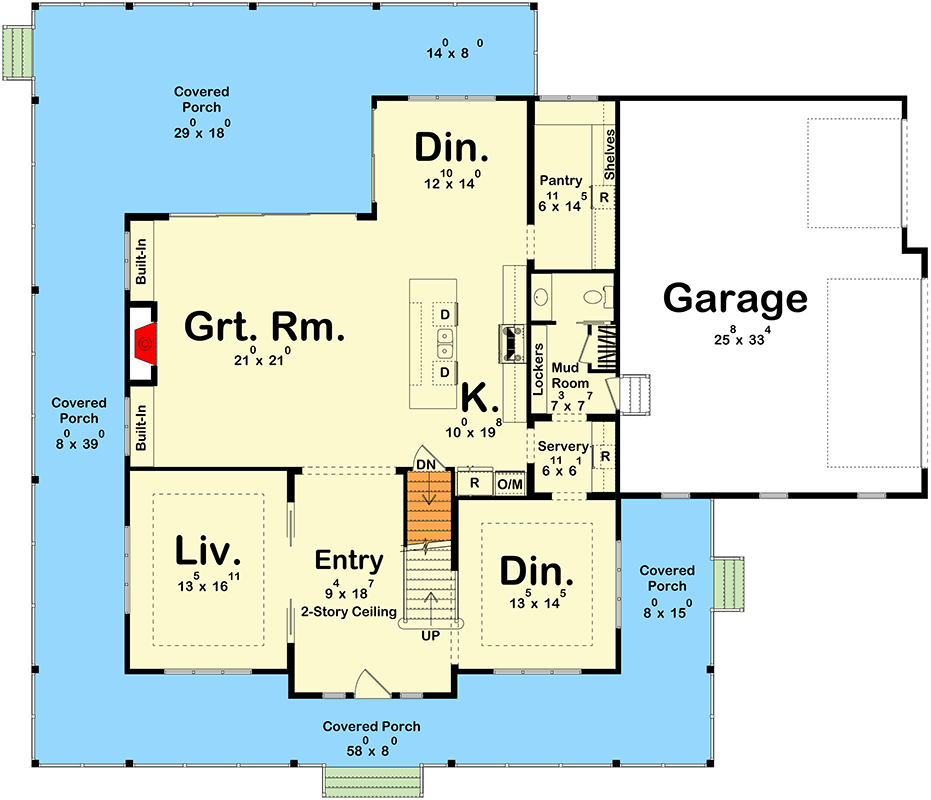 Plan 623553DJ: Elegant Modern Farmhouse House Plan with Wrap-Around Porch and Loft - Floor Plan - Main Level - Farmhouse, Modern Farmhouse