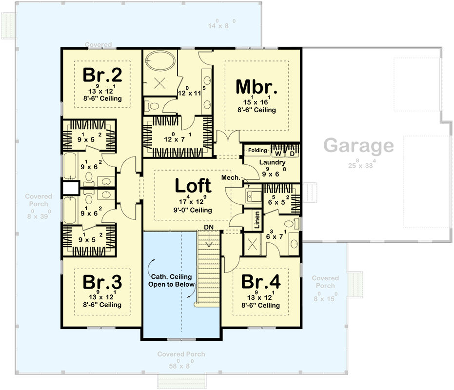 Plan 623553DJ: Elegant Modern Farmhouse House Plan with Wrap-Around Porch and Loft - Floor Plan - 2nd Floor - Farmhouse, Modern Farmhouse