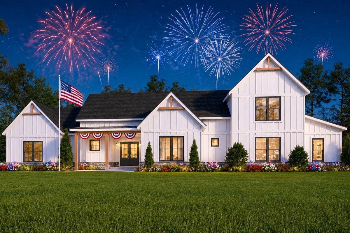 Modern Farmhouse style house plan exterior with board and batten siding, gables, and a covered front porch.