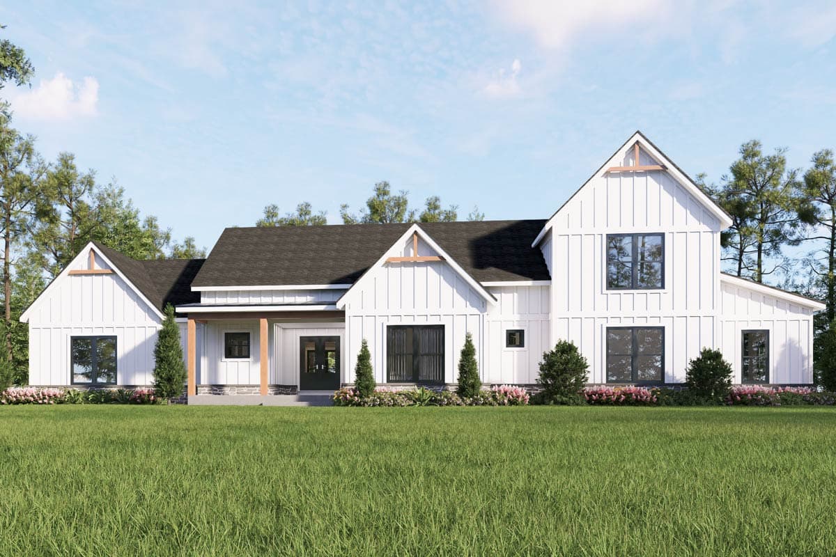 House plan exterior. Two-story Modern Farmhouse with board and batten siding. Features include gabled roof, timber-framed porch, and multiple dormers.