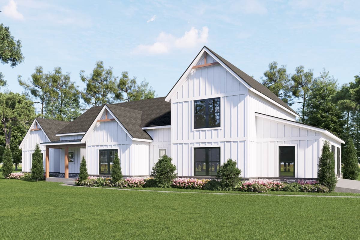 Modern Farmhouse house plan exterior with vertical siding, gables, exposed rafter tails, and a covered entry.