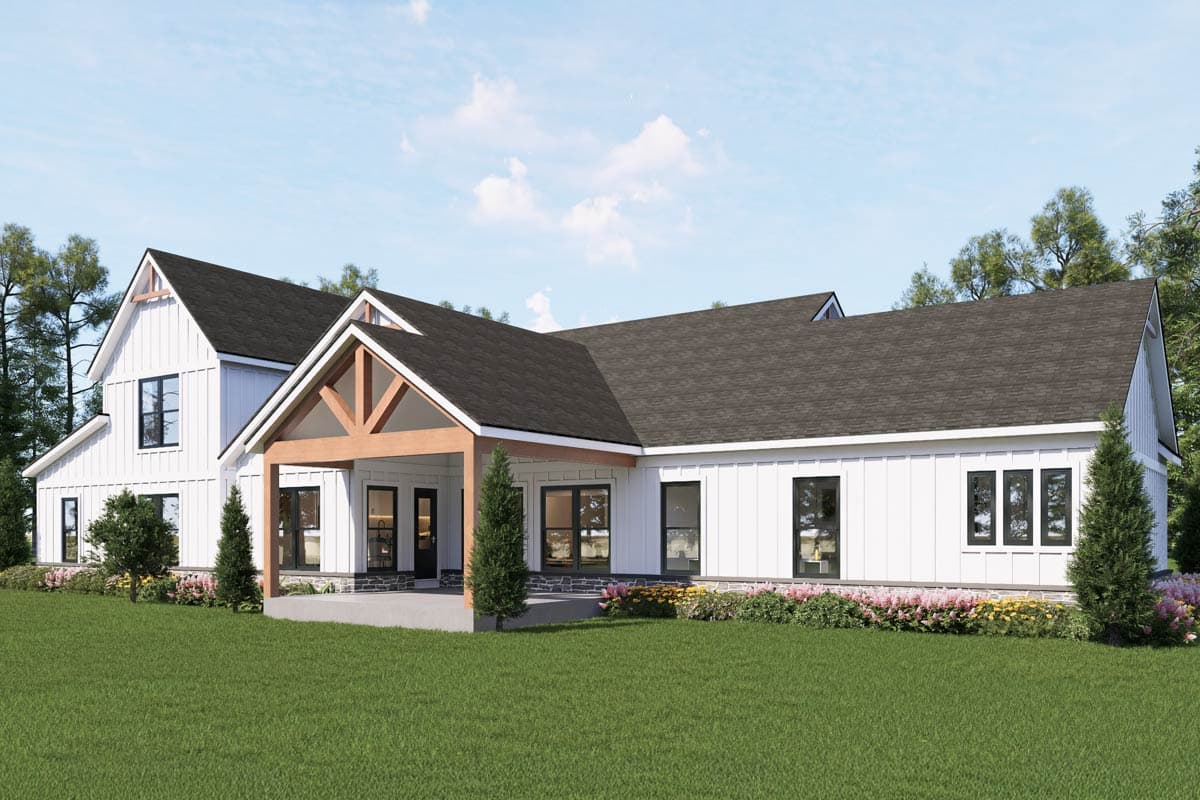 Modern Farmhouse house plan exterior with board and batten siding, gables, a covered porch with timber beams, and multiple windows.