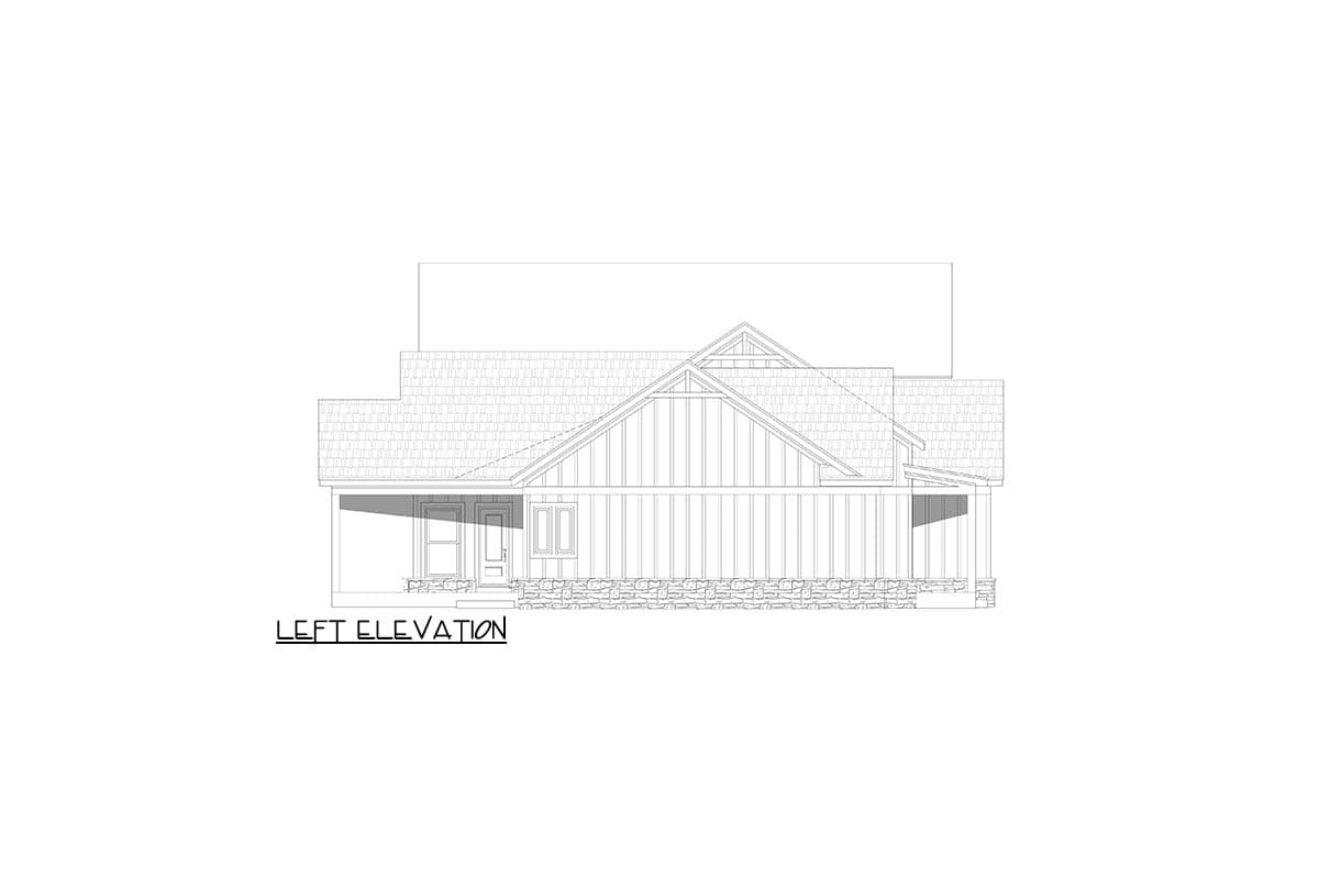 Left elevation house plan showing a single-story home with a covered porch, gable detail, and stone foundation.