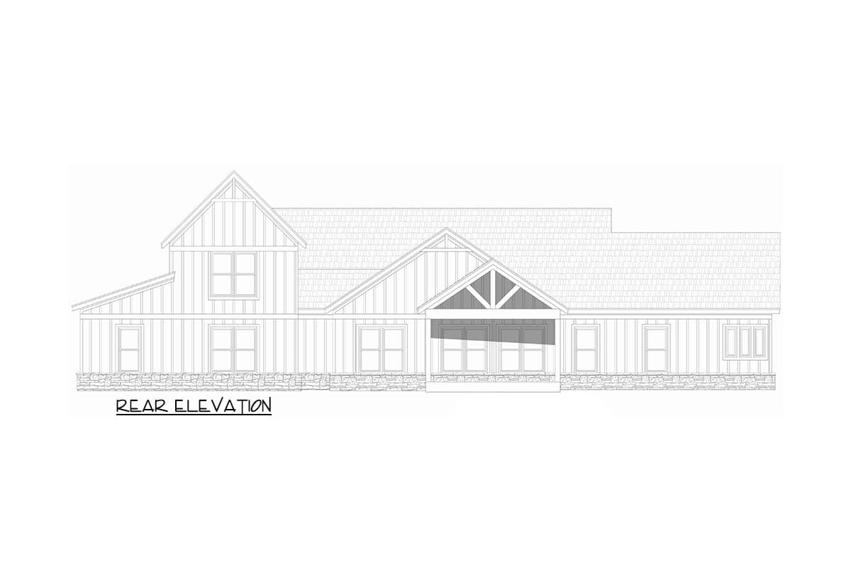 Rear elevation drawing of a two-story house plan with gables, board and batten siding, stone foundation, and covered porch with wood beams.