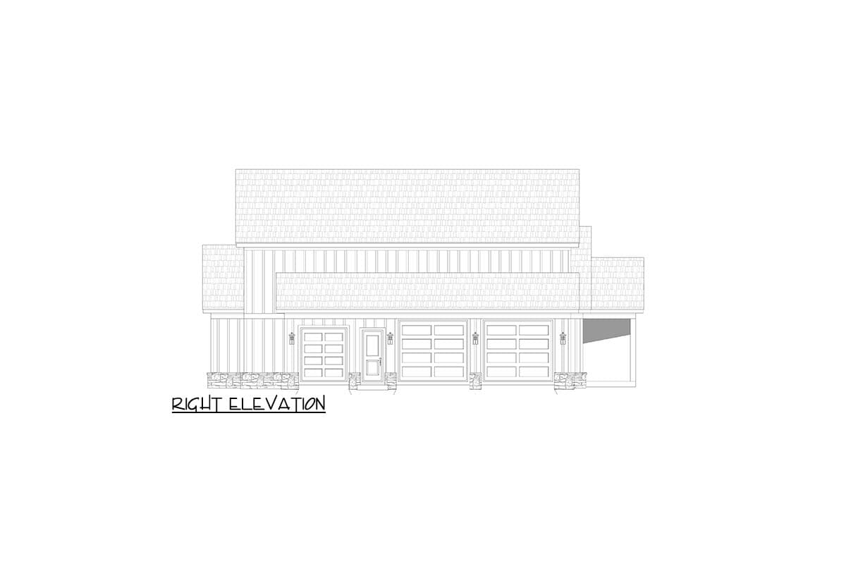 Right elevation house plan with a three-car garage, double doors, and stone accents.