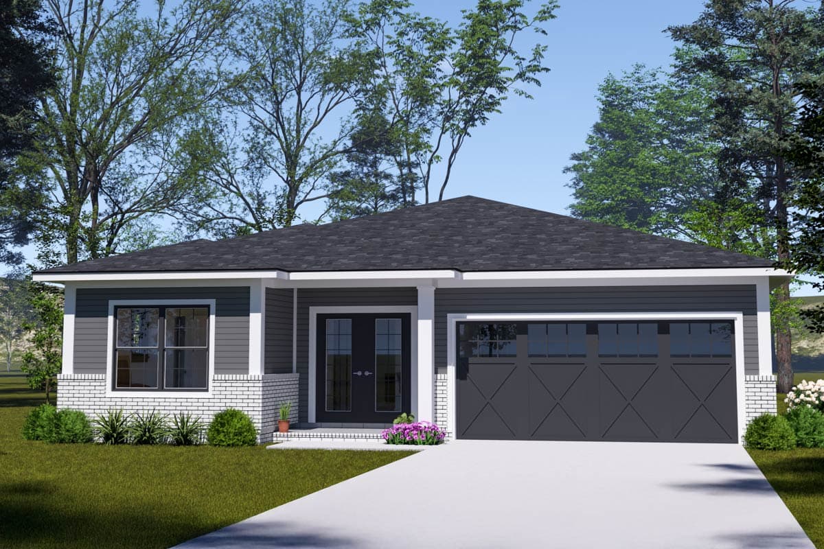 House plan exterior. Ranch-style house with one story, flat roof, covered porch, double doors, and an attached garage.