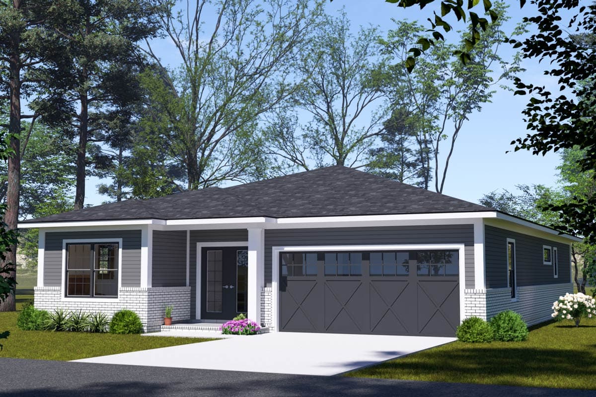 House plan exterior of a one-story Modern Farmhouse with a dark gray siding, white brick base, covered entry, and a two-car garage.