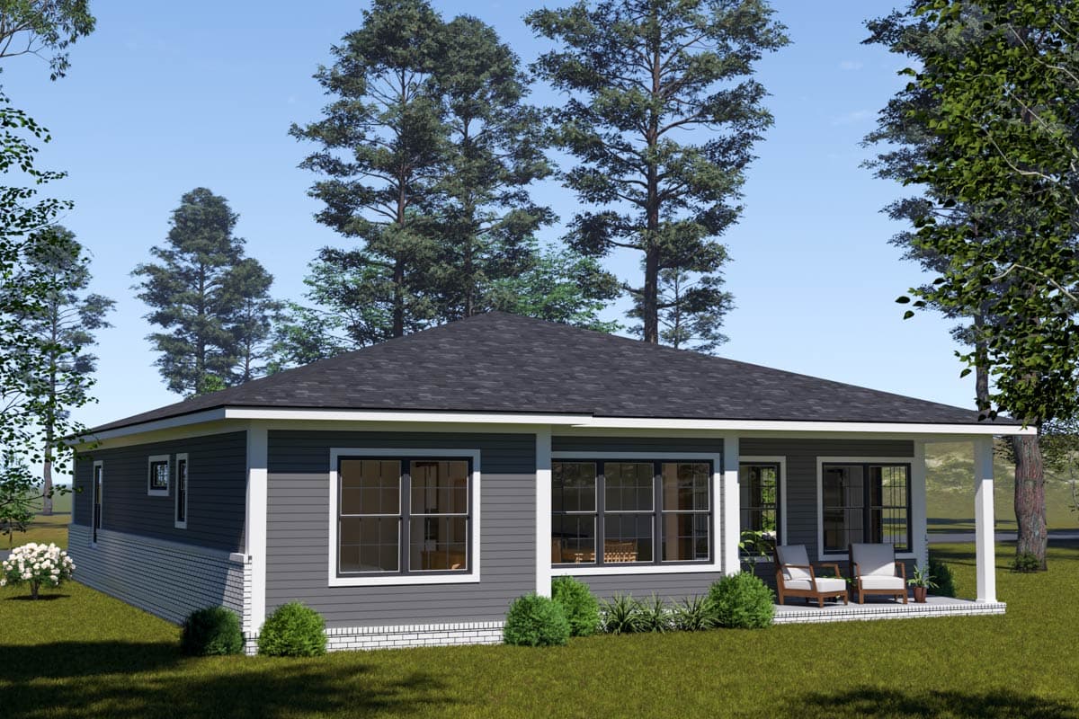 Ranch-style house plan exterior, one story, with a gabled roof, covered porch, and horizontal siding above a brick foundation.
