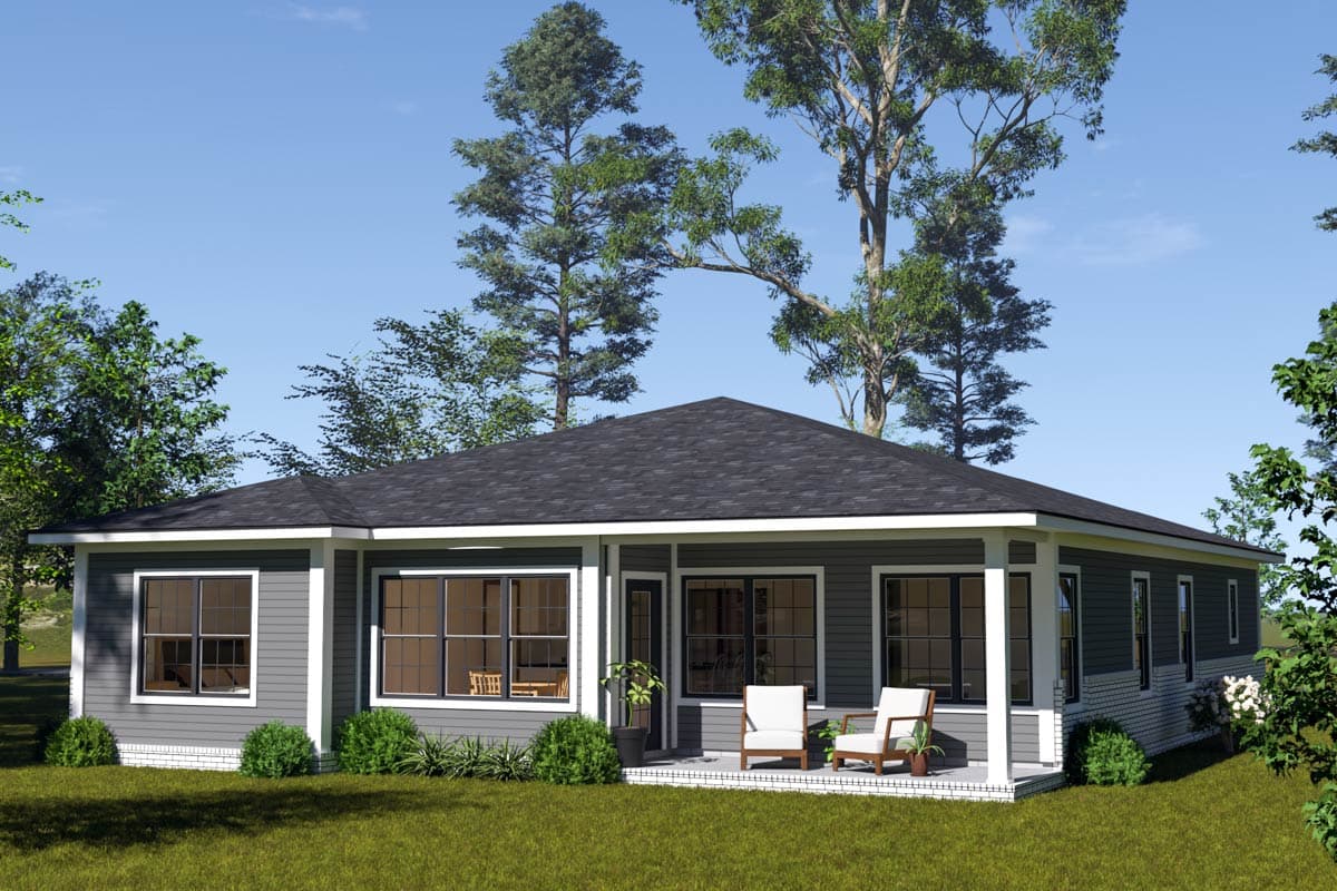 House plan exterior: One-story modern home with a hipped roof, covered porch, and large windows.