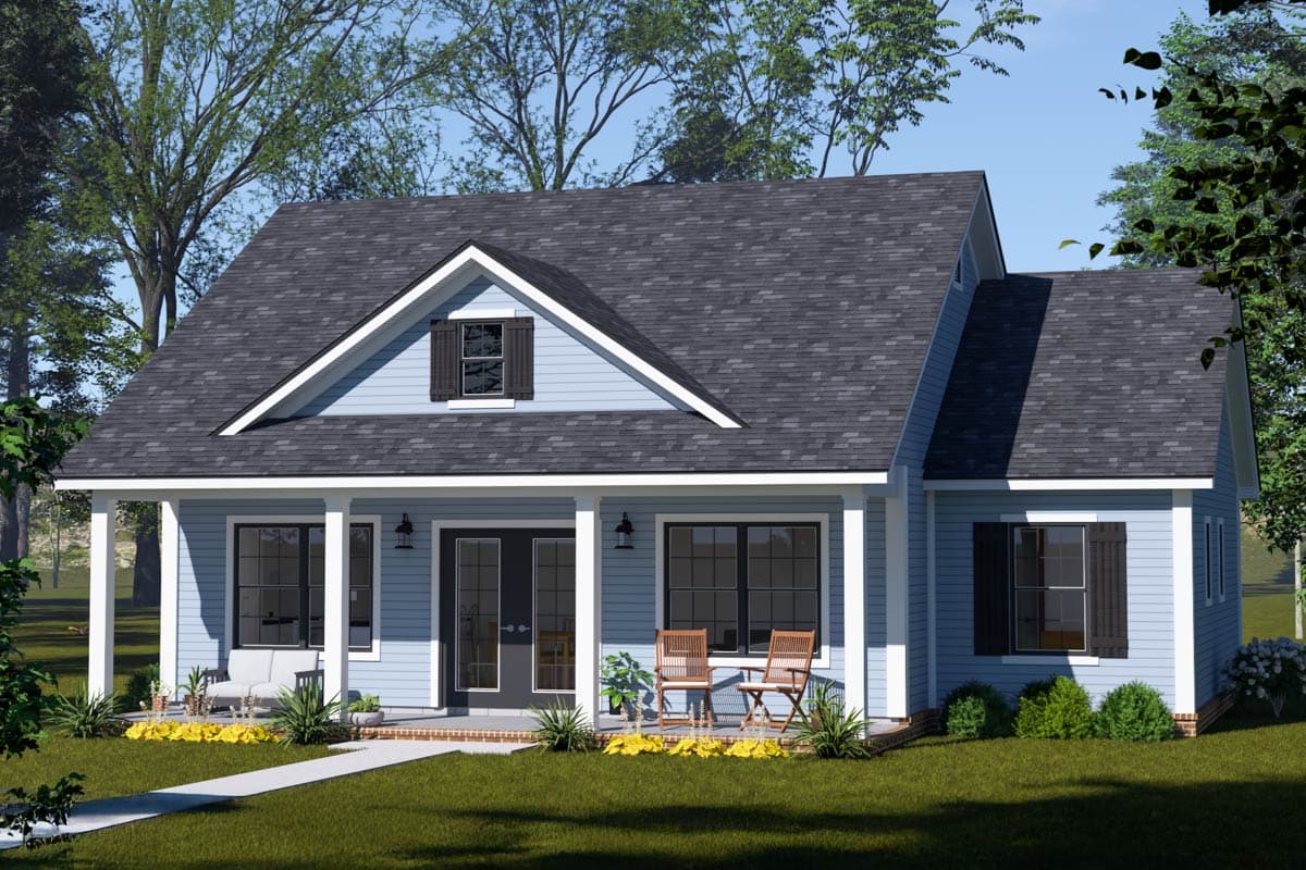 House plan exterior with Craftsman style. Features include a front porch, gables, and a dark shingled roof.