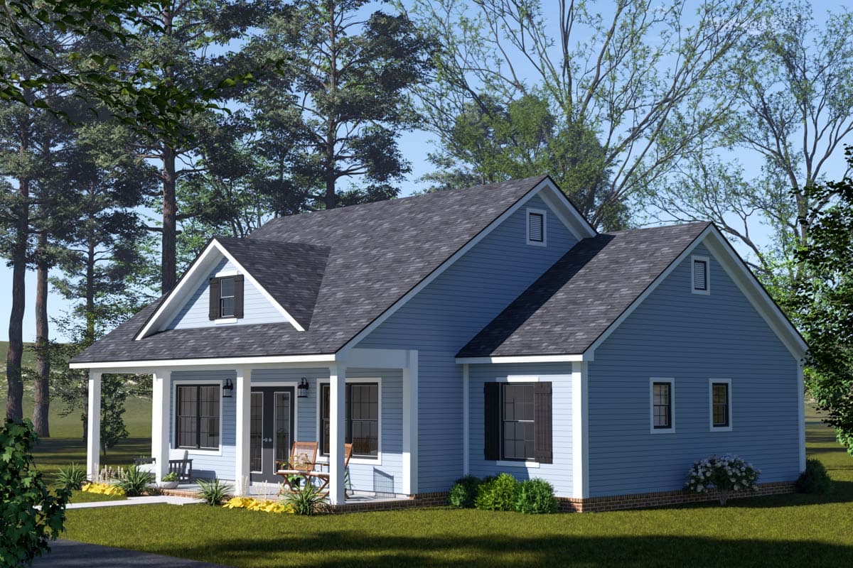 Modern Farmhouse style house plan exterior with a covered front porch, gables, and a single-story design.