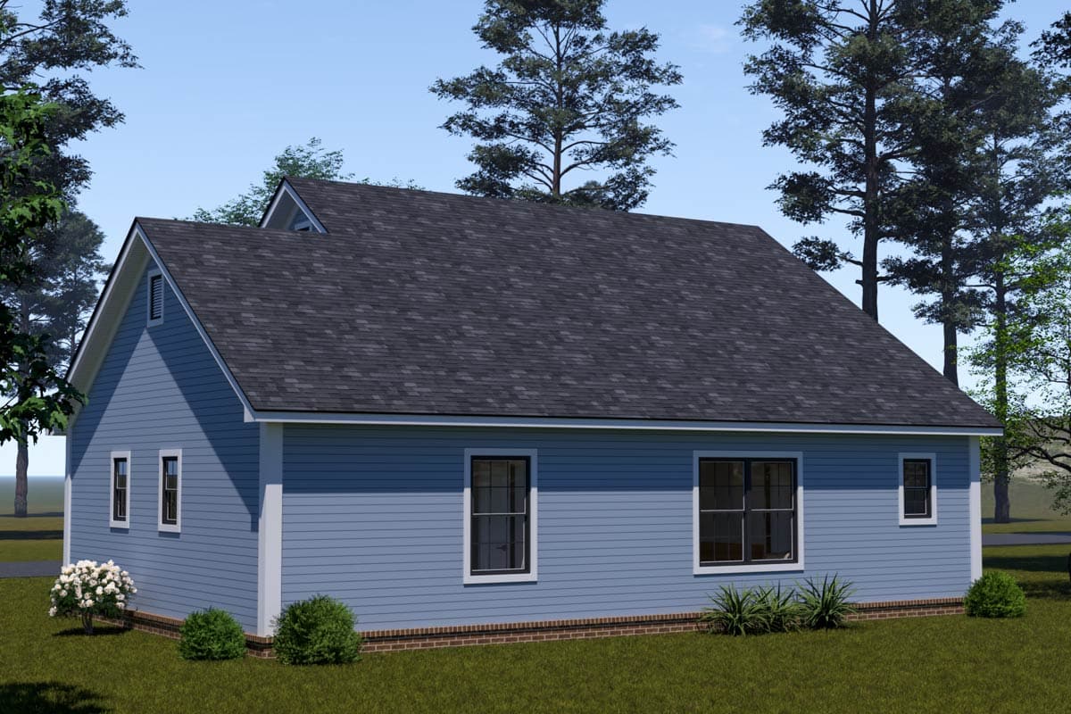 House plan exterior: One-story blue house with gable roof, brick foundation, and multiple windows.