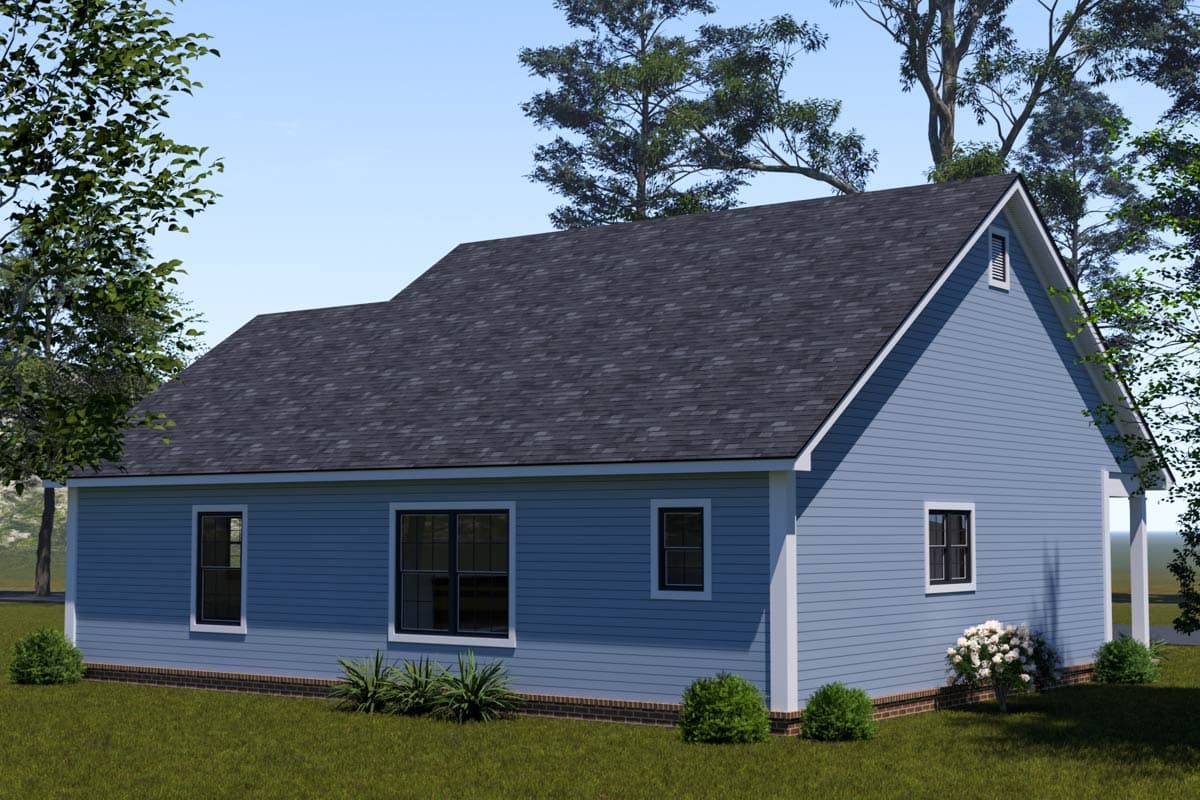 House plan exterior, one story, blue siding, dark shingled roof, gabled end with vent, white trim, brick foundation.