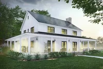 Modern Barndominium House Plan with Wrap Around Porch and Two-Story Great Room