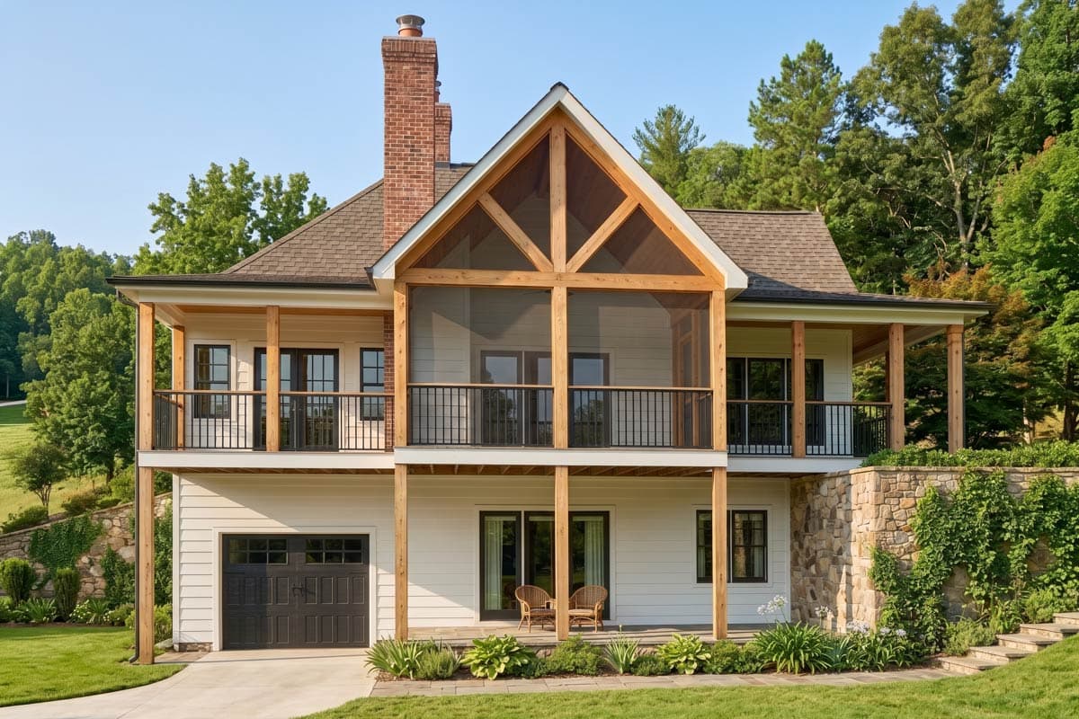 House plan exterior: two-story modern home with screened porches, twin chimneys, and a two-car garage.