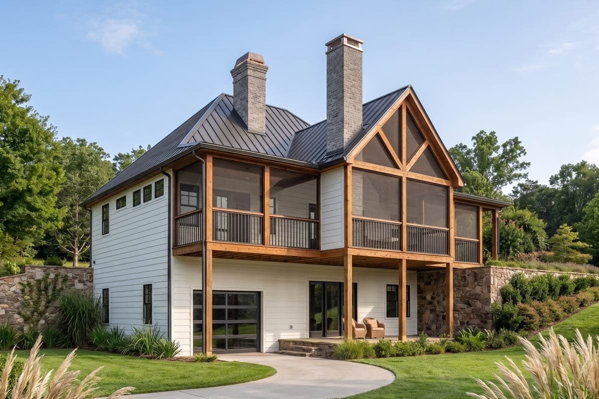 House plan exterior: Modern Farmhouse style, two stories, with a screened porch, gables, and a side-entry garage.